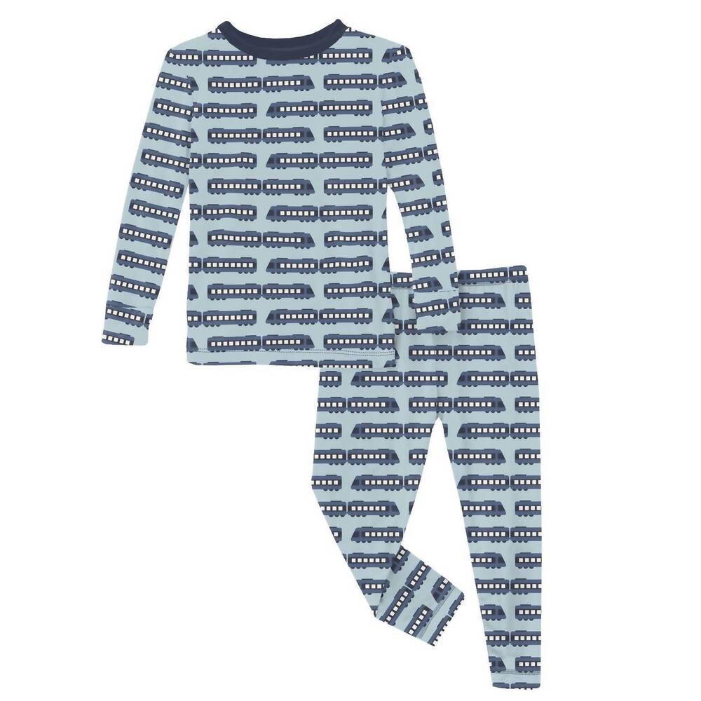 NEW KICKEE kid's long sleeve pajama set in spring sky london trains